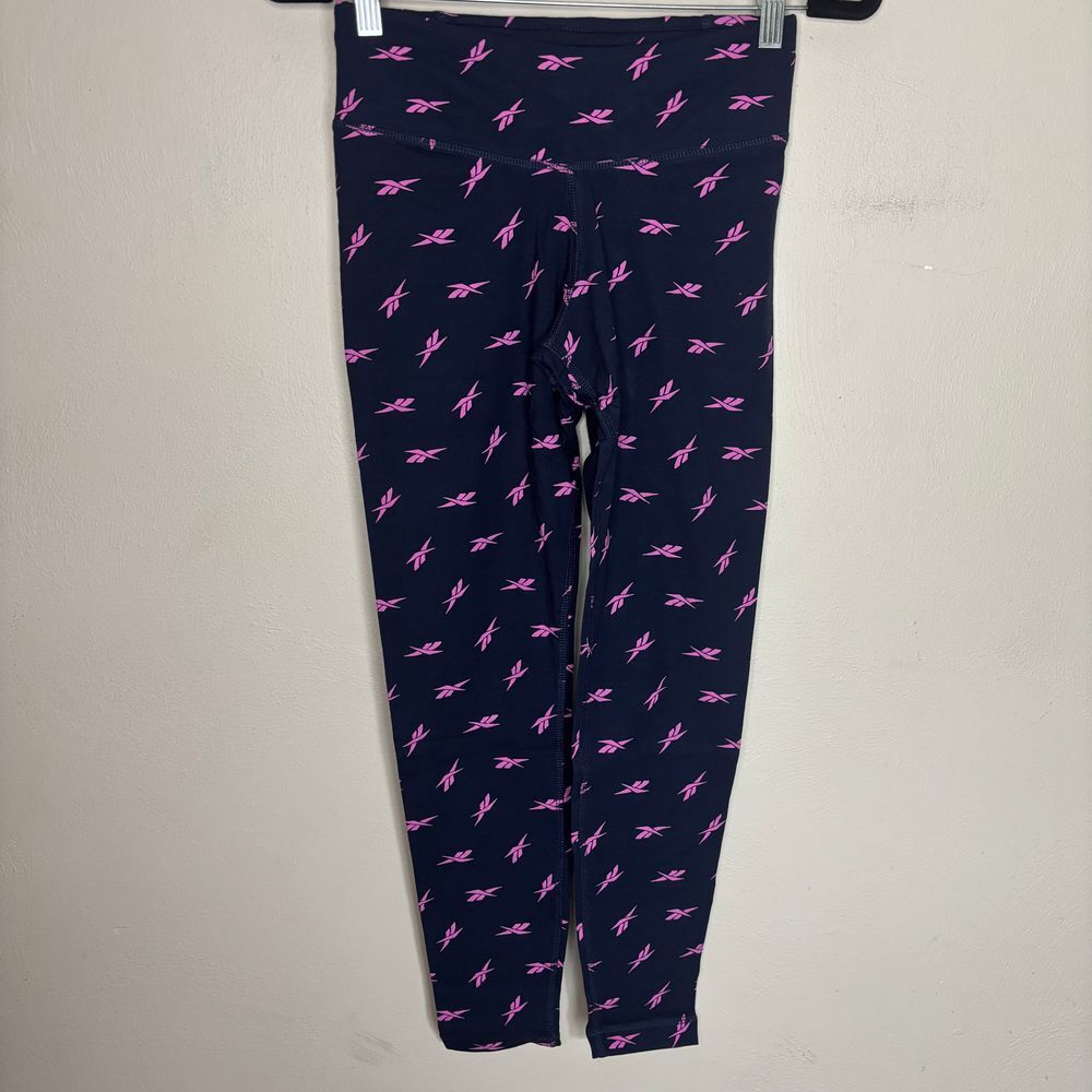 Reebok Leggings Womens Small Navy Blue Vector Tight All Over Logo Print Athletic